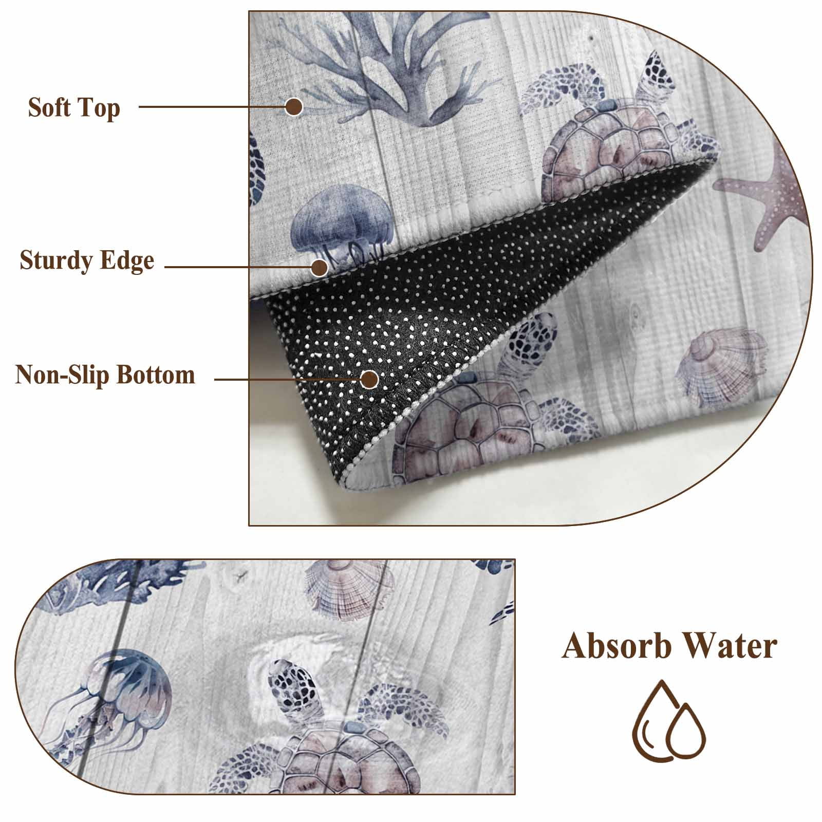 Entrance Runner Rug 2'x3', Vintage Coastal Non-slip Doormat for Indoor Outdoor Entrance, Nautical Summer Beach Sea Turtle Starfish Throw Floor Mat for Front Door/Living Room/Bedroom/Bathroom/Kitchen