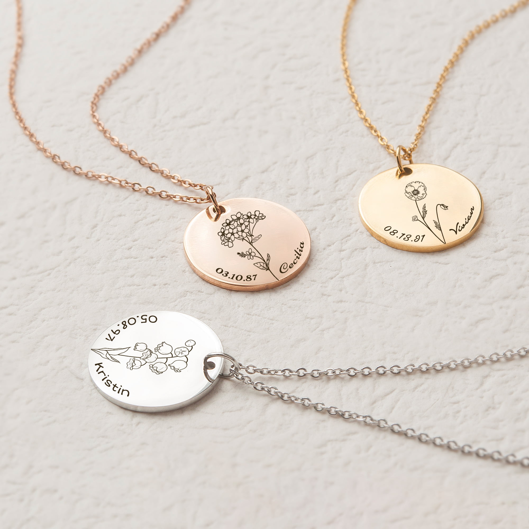Anavia Personalized Womens Birth Flower Round Stainless Steel Charm Necklace Gift for Her