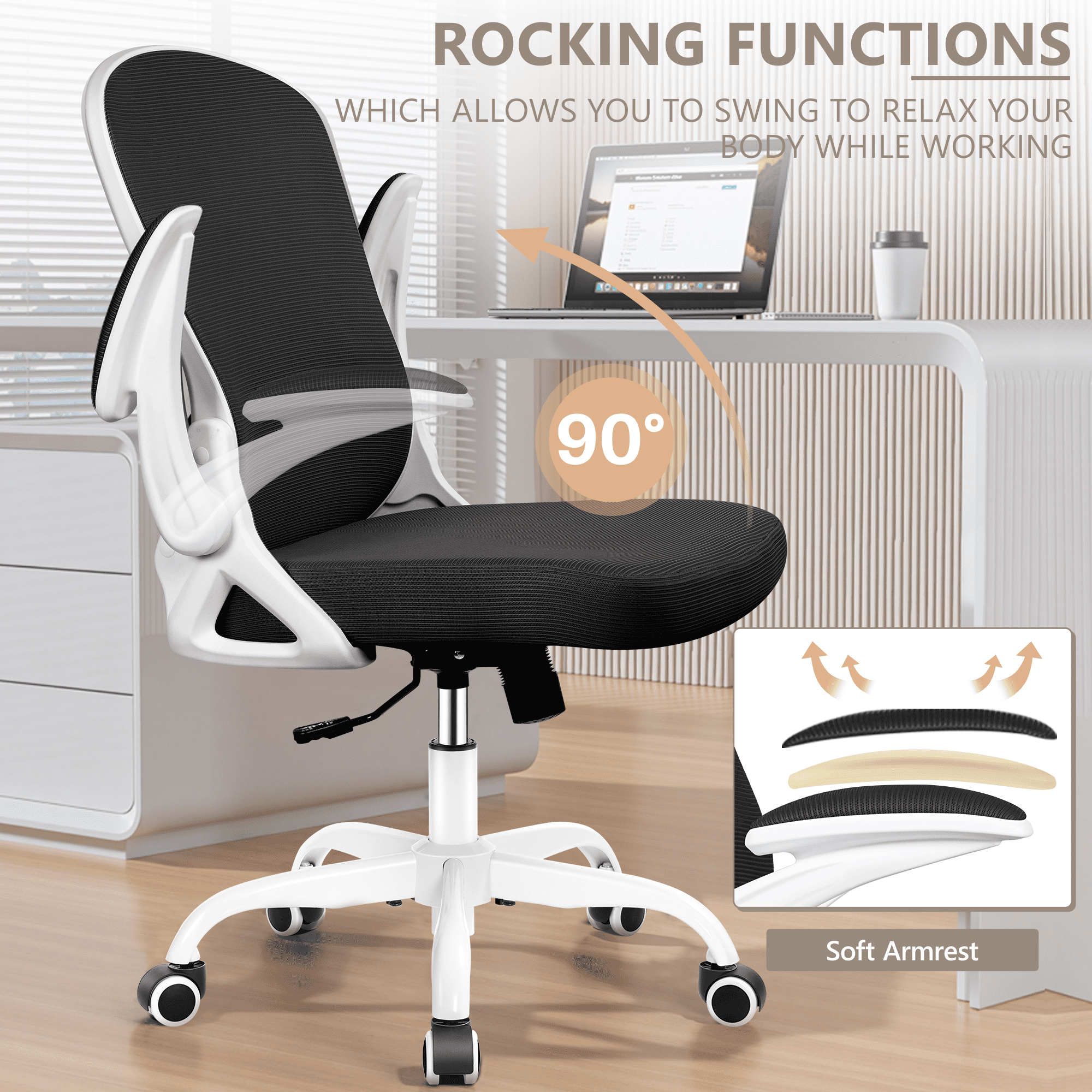 ATHOPE Office Chair, Ergonomic Desk Chair with Flip Up Armrests, Height Adjustable Computer Chair with Lumbar Support, White