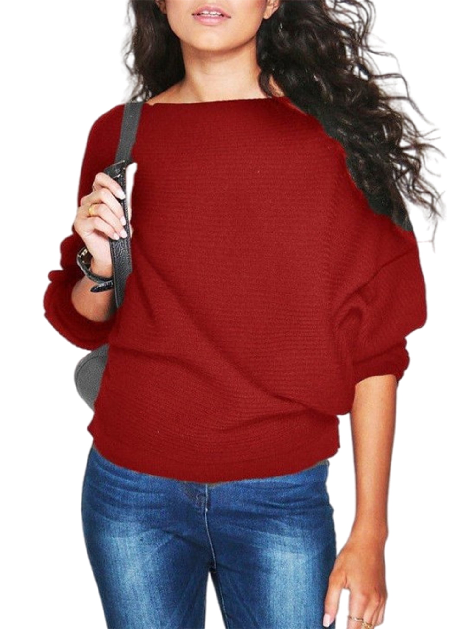 Avamo Boat Neck Batwing Sleeves Dolman Solid Color Knitted Sweaters and Pullovers  Tops for Women - Walmart.com