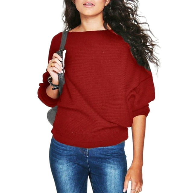 MAWCLOS Ladies Sweater Winter Warm Pullover Solid Color Jumper Tops Knitwear Loungewear Long Sleeve Knitted Sweaters Red M