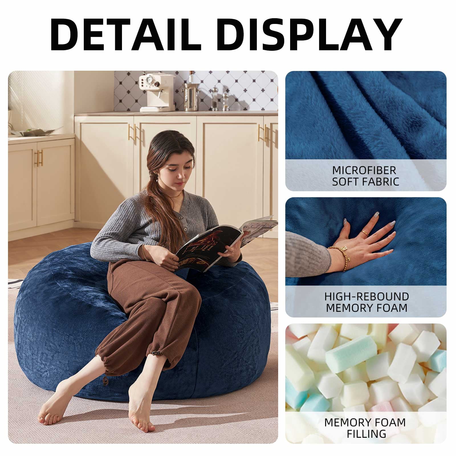 Bean Bag Chair 3FT,  Large Memory Foam Filled Chair for Adults and Teens, Soft Sofa with Removable Flannel Cover, Round Couch for Living Room Bedroom College Dorm