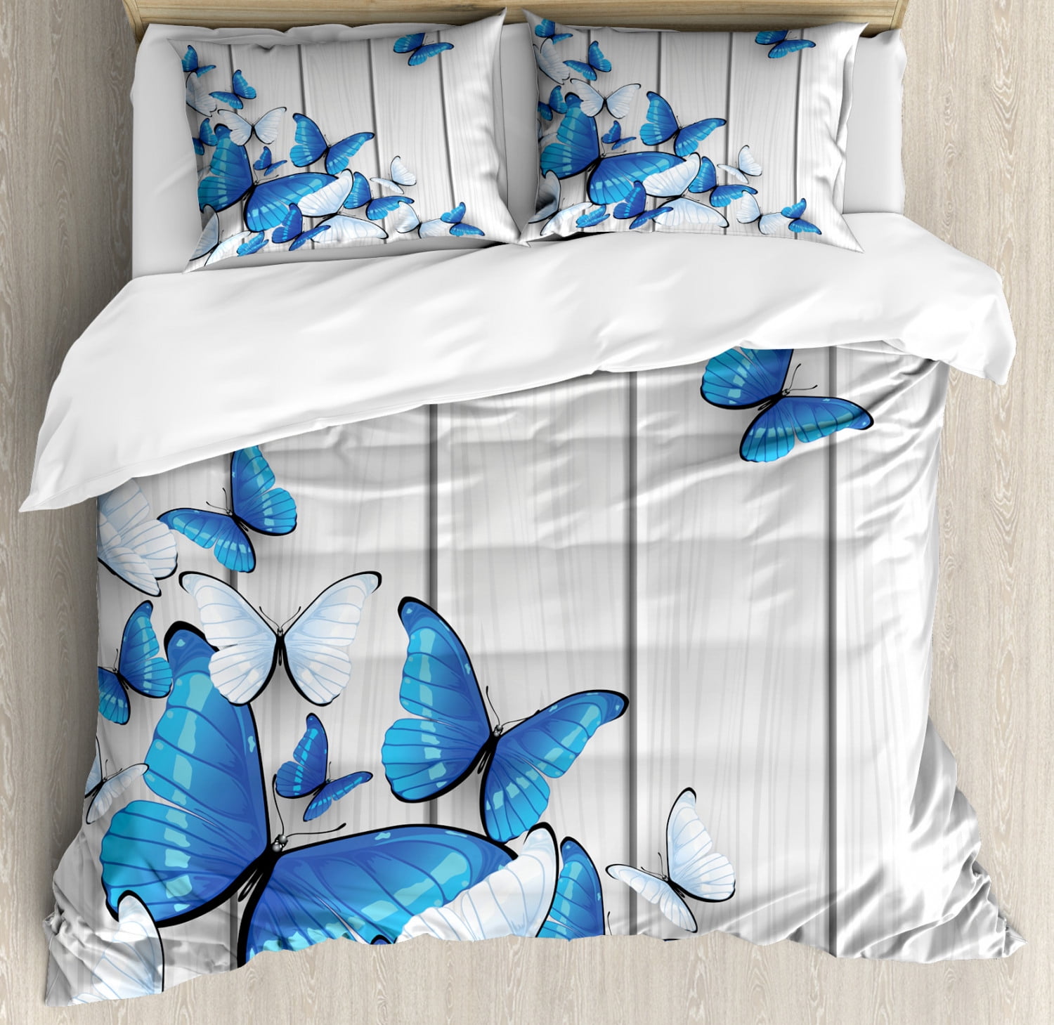 Ambesonne Butterflies Duvet Cover Set Queen size, Blue and White Butterflies on Wooden Background Timber Wall Rustic Life, Decorative 3 Piece Bedding Set with 2