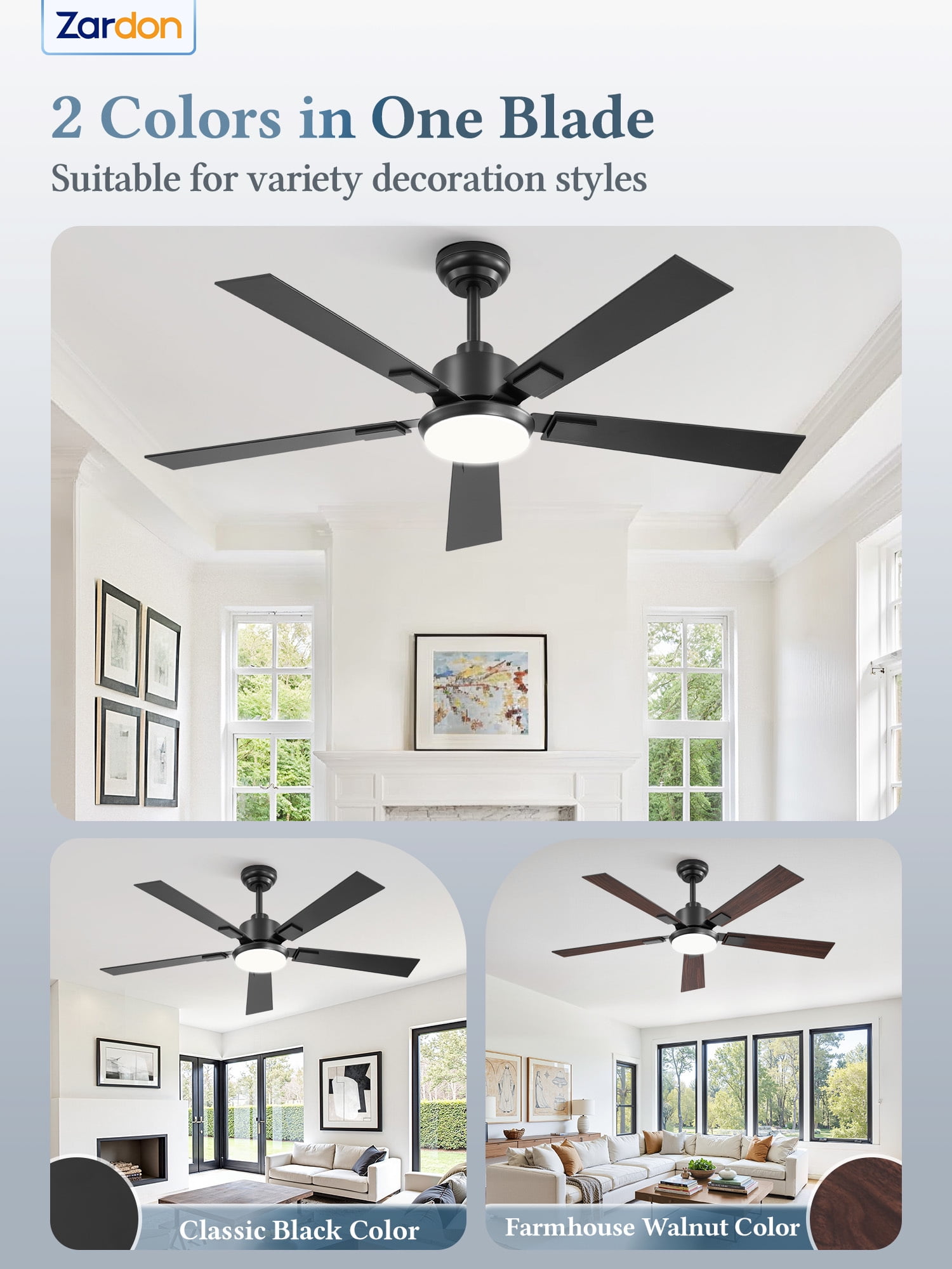 Zardon 52 Inch Modern Ceiling Fan with Light and Remote & APP Control, Adjustable Downrod Mount, 6 Speeds, Ultra Quiet DC Motor, Reversible Black/Walnut Blades