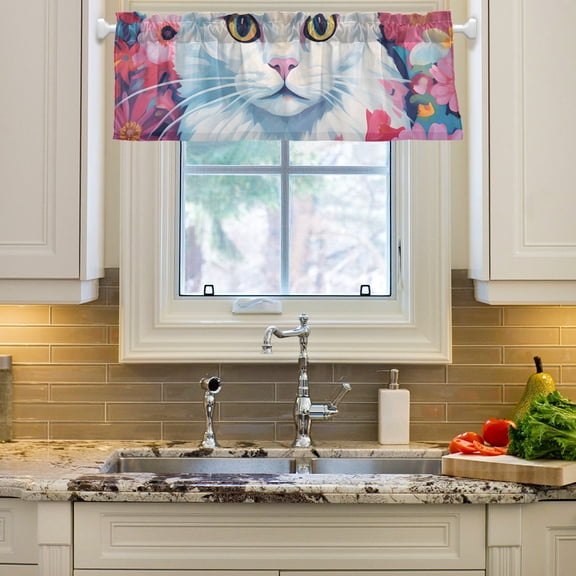 White Cat Flowers Floral Curtain Valances Farmhouse Design Window Treatment Decor Blackout Rod Pocket for Windows Living Room Kitchen 54" x 18"