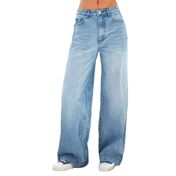 Women'S Wide Leg Boyfriend Jeans Straight Leg Denim Pants Low Rise Baggy Casual Loose Jeans Dark Blue M