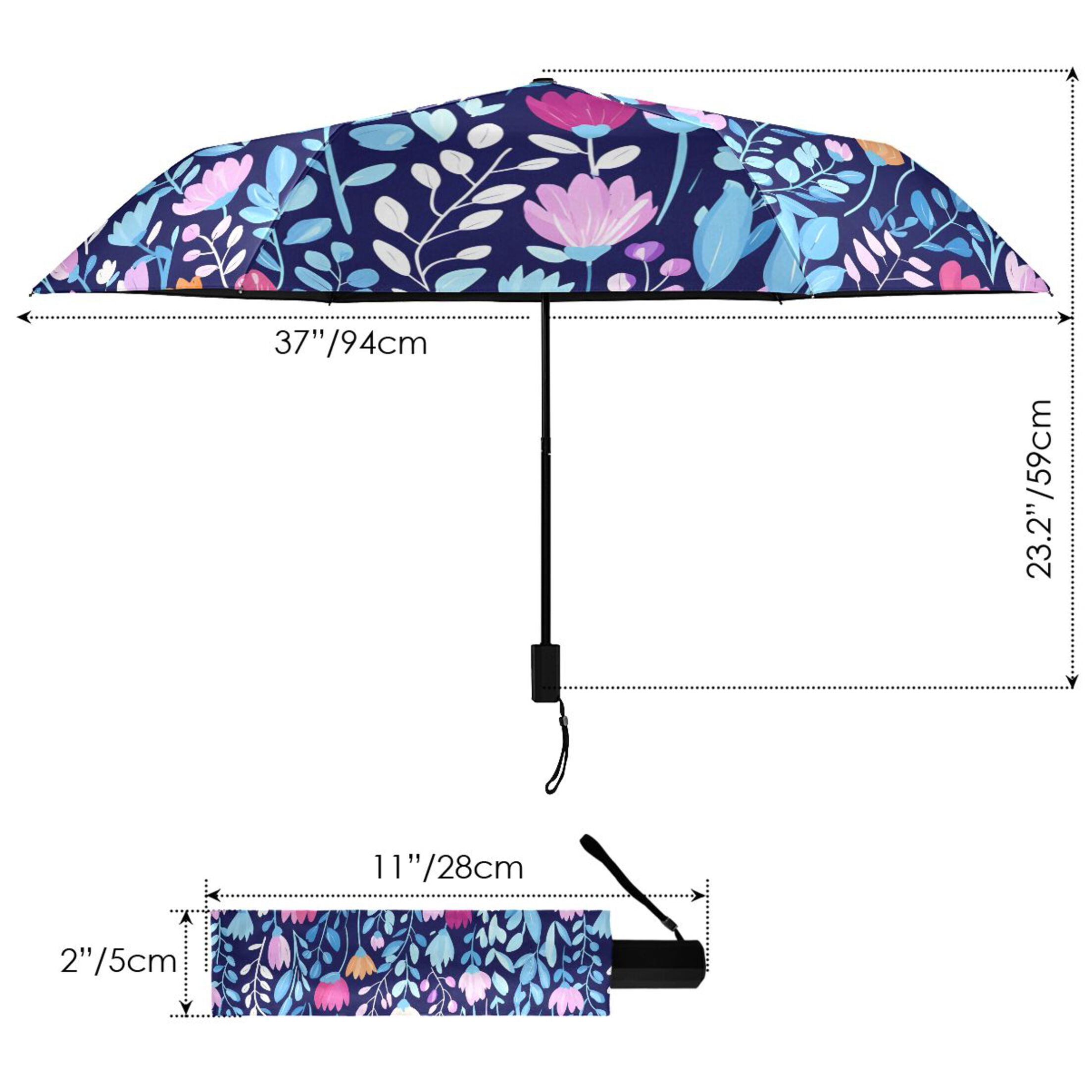 Pink Tulip with Blue Leaves Compact Sun Umbrella Windproof Travel Umbrellas for Rain Strong Portable UV Protection