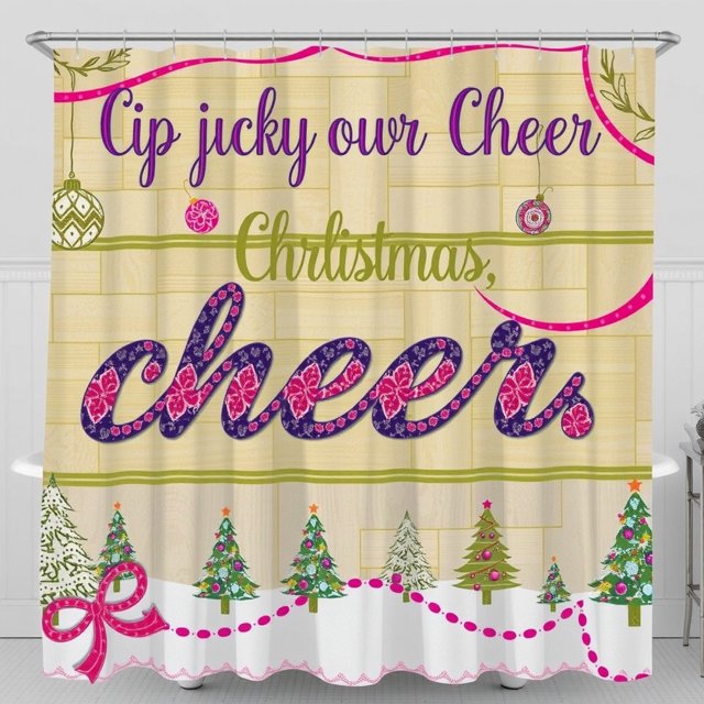 Festive Christmas Cheer Shower Curtain - Whimsical Woodgrain Design with Ornaments & Trees