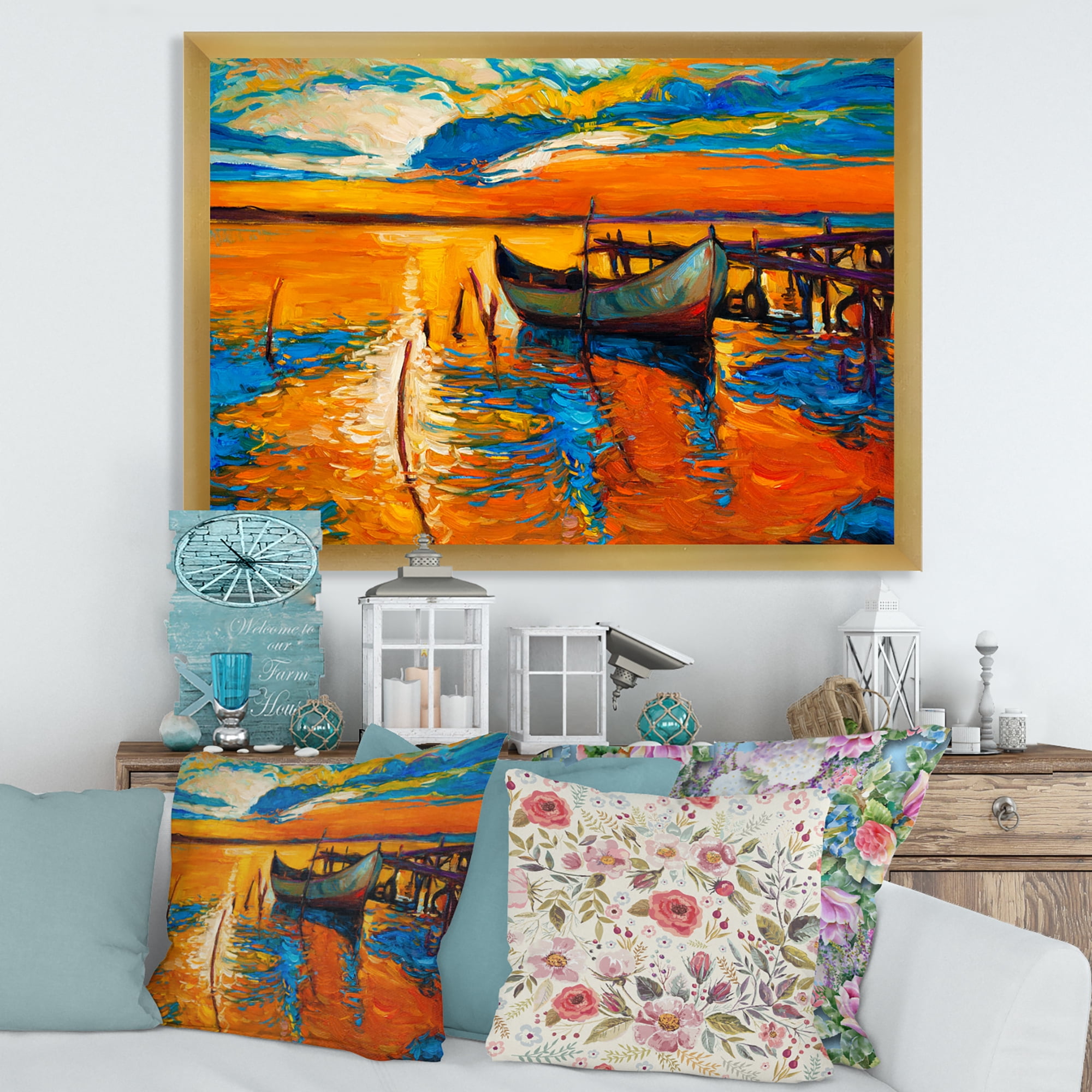 Designart 'Boat At The Lake During Evening Glow VII' Nautical & Coastal Framed Art Print
