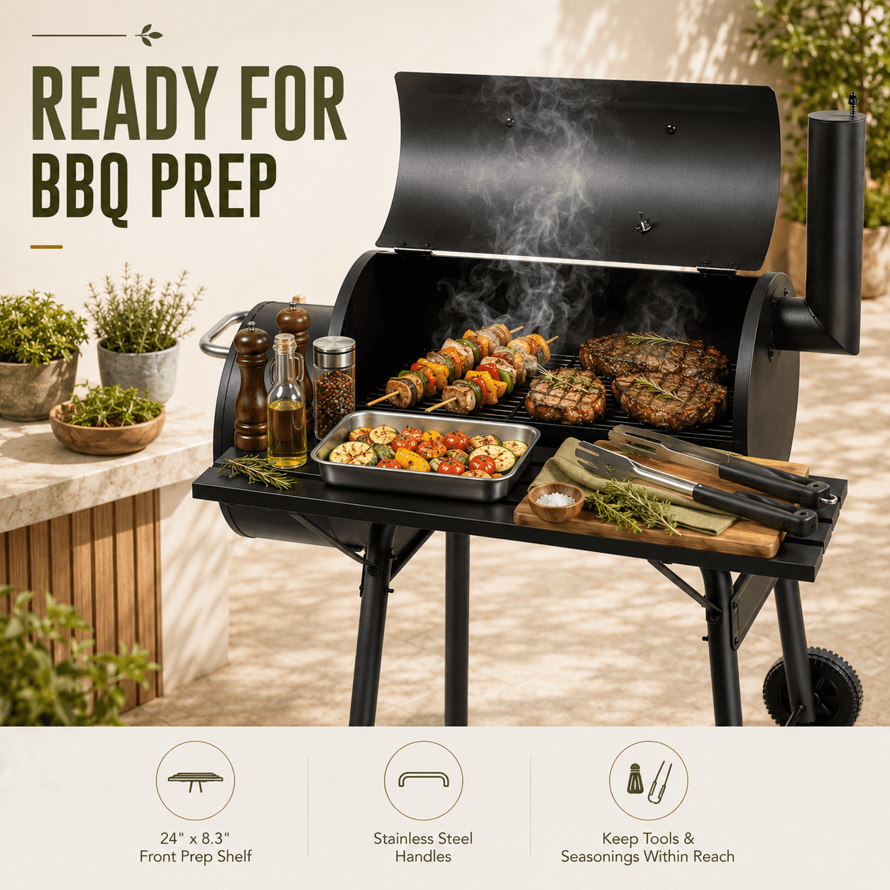 Smoker Grill, Outdoor BBQ Charcoal Grill W/2 Cooking Area, Portable Offset Smoker on Wheels for Patio Backyard Camping
