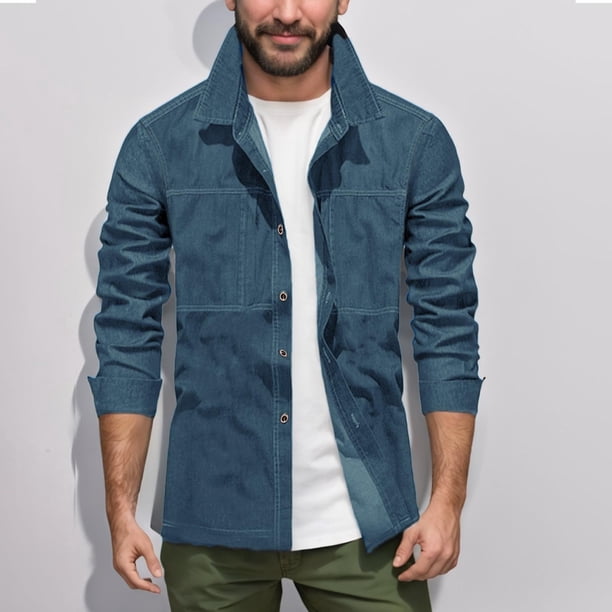 pstuiky camisas de manga larga para hombre, Camiseta lisa de manga larga con cuello vuelto para hombre, informal, elegante, cómoda, con bolsillos, botones y cremallera. Tops de hombre xl