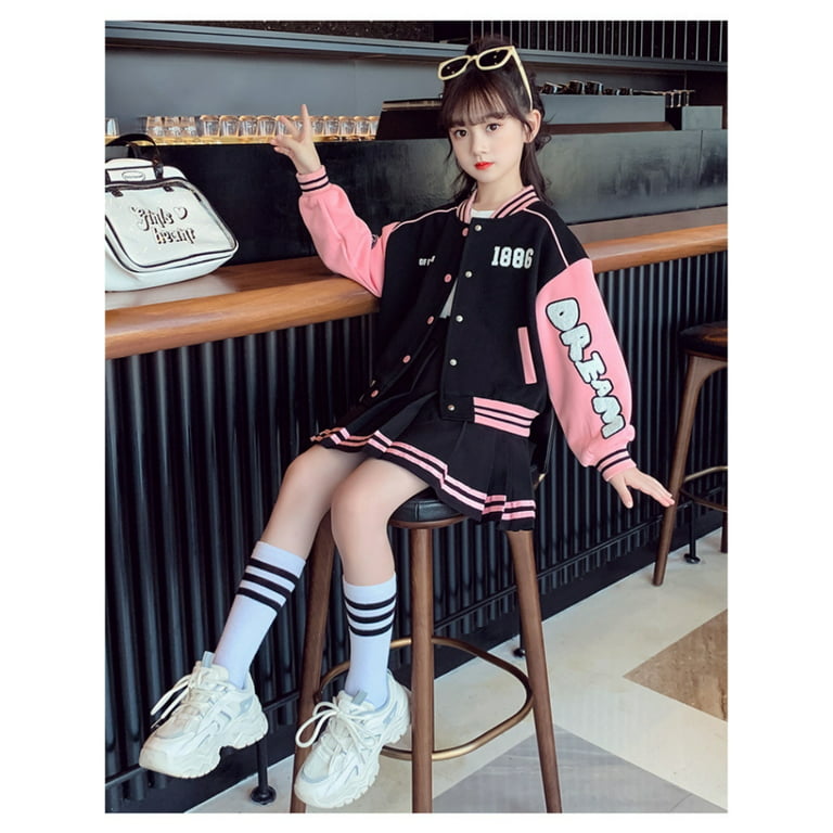 Baby-G Baseball Uniform Outfits for Teen Girls,Jacket+Skirt, Letter Print  Patchwork Jacket Coat + Pleated Skirt 2pcs,4-5T,Pink Color 