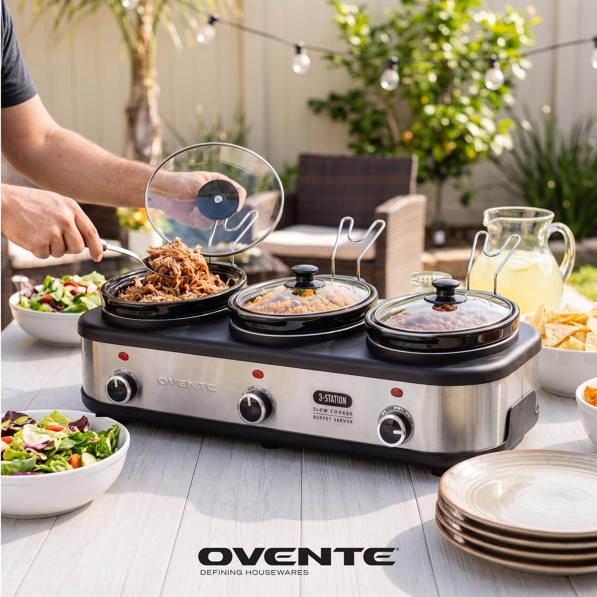 OVENTE Electric Triple Slow Cooker, 4.5Qt Buffet Server, Silver SLO315CBR | 300W Three 1.5Qt Pots, Adjustable Heat Settings, Easy to Monitor & Clean, Perfect for Entertaining, Portable Buffet Server