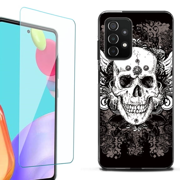 Slim-Fit Flexible TPU Gel Phone Case (black) for Samsung Galaxy A52 5G, with Tempered Glass Screen Protector, by OneToughShield ® - Grunge Skull