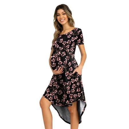 

CALIPESSA Women s Summer Black Floral Print Maternity Empire Waist Loose Swing Pregnancy Casual Midi Dress