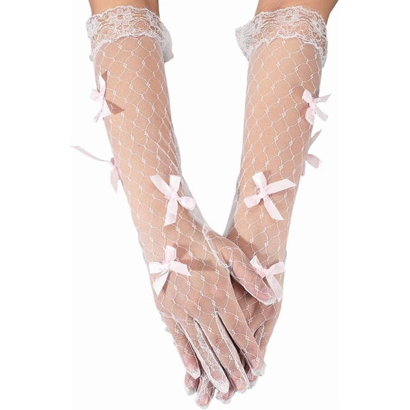 2Pcs Sheer Opera Gloves with Pink Satin Bowknot White Tulle Mesh Princess Gloves Long for Coquette Party Decorations Dance Cosplay Bachelorette Birthday Costume Supplies DIY