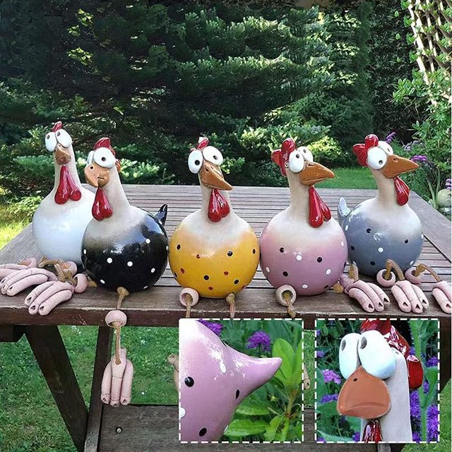 Un juego de 5 decoraciones de jardín de pollo de cerámica - para terrazas, jardines y balcones (polvo negro, amarillo, azul grisáceo, blanco, morado) Zefei Wu 9024735023067