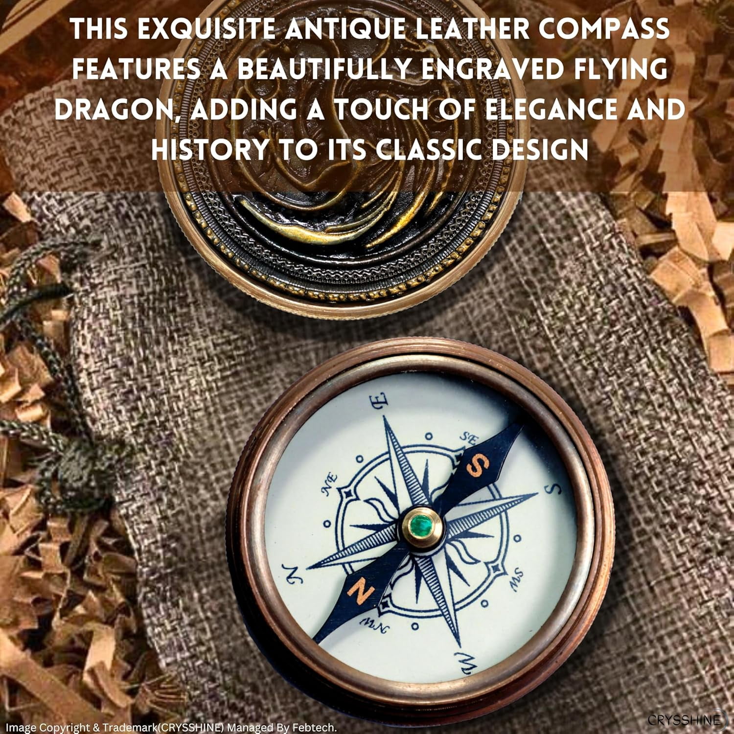 Navy Collection Engraved Flying Dragon 'Fire and Blood' Quote – 2-Inch Antique Finish Collectors' Compass with Premium Leather Case