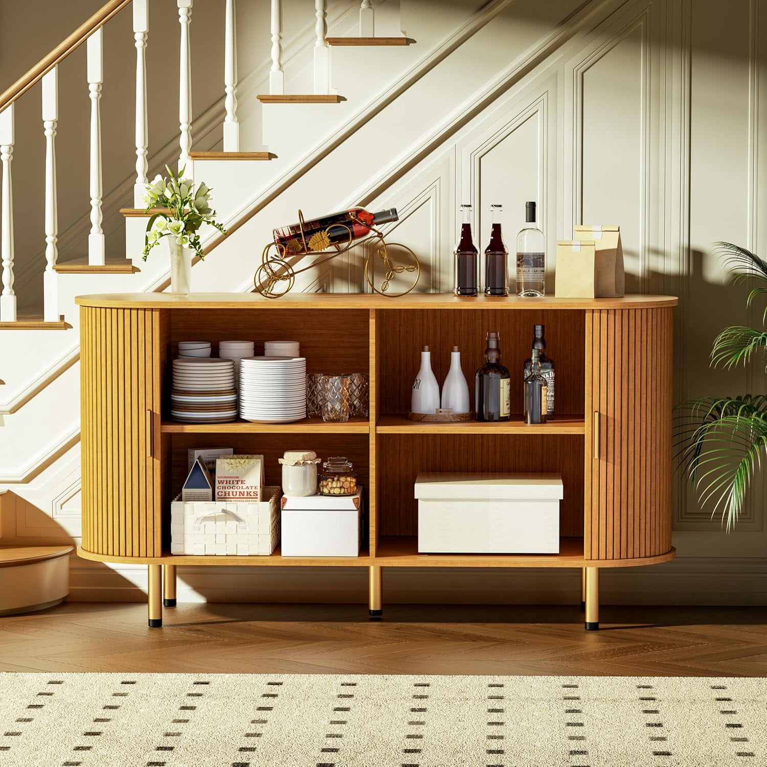 TiramisuBest Sideboard Buffet Cabinet with Storage, 55" Storage Cabinet with Fluted Tambour Sliding Doors & Adjustable Shelf for Entryway, Kitchen, Home Bar (Yellow Walnut)