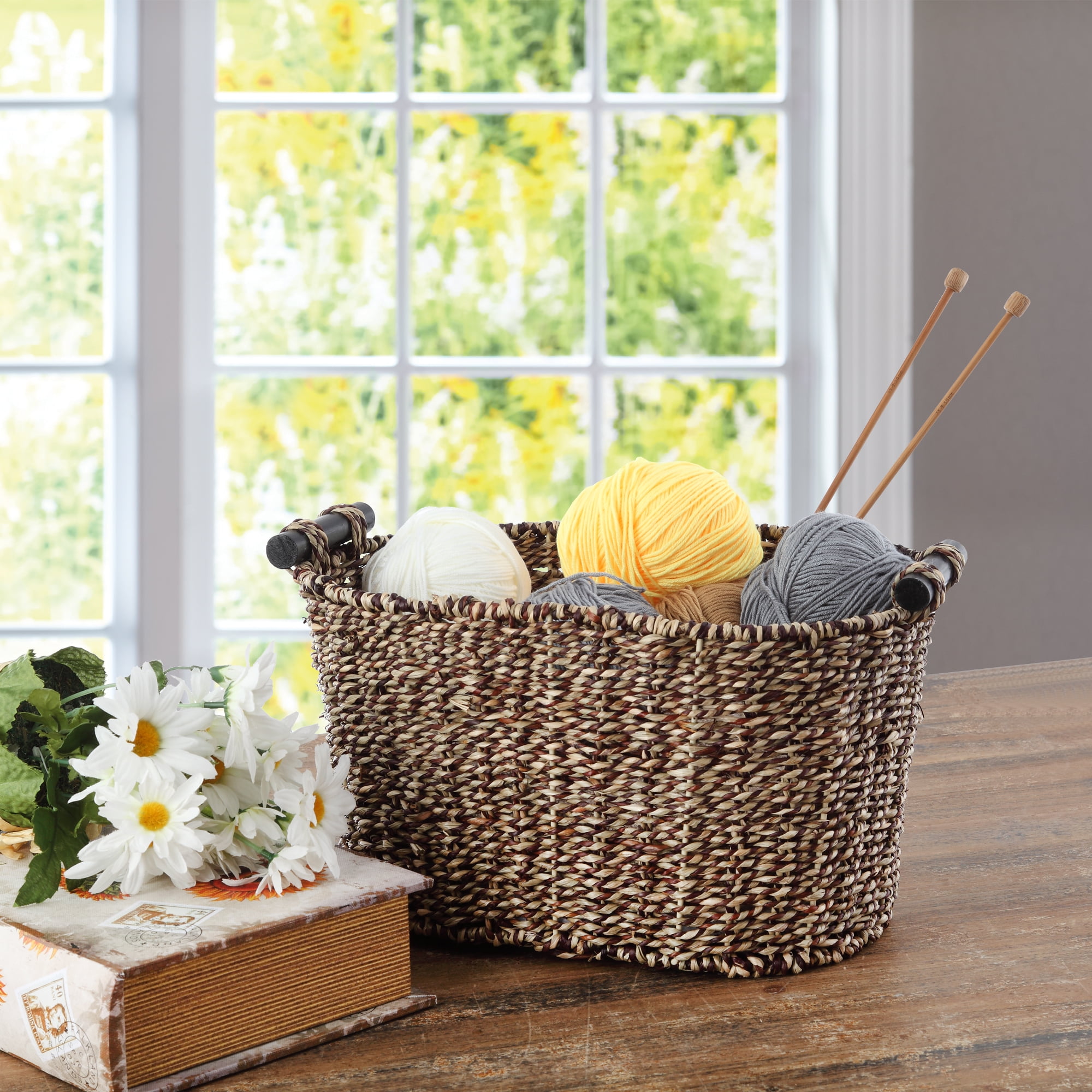 Mainstays Brown Oval 2-Hue Seagrass Storage Basket with Wooden Handles, 8.31 in. x 10 in. x 14.31 in.