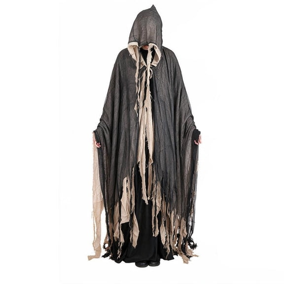 Robe Distressed Fringe, Halloween Costume, Ghost Cloak, Tattered Grim Reaper, Tattered Grim Reaper Cloak Hooded Gauze Robe Distressed Fringe Halloween Costume for Spooky Season
