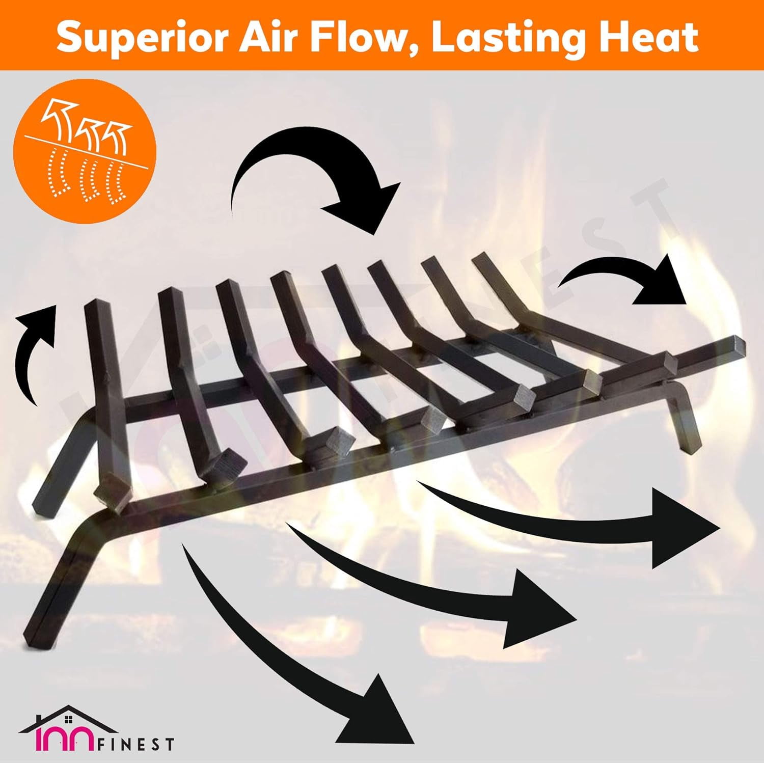 Mintazer 36" Heavy Duty Fireplace Grate, 8-Bar 3/4" Square Steel Firewood Log Burning Rack, Multi-Purpose Indoor Outdoor Fire Pit Fireplace Accessories, Black