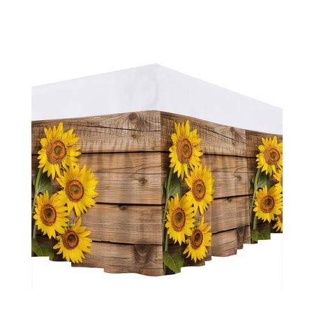 Retro Bed Skirt King Size 18" Drop Sunflowers Rustic Wood Grain Texture Pastoral Ruffled Wrap Around Bed Skirts Adjustable Elastic Bedskirt Dust Ruffle for King Size Bed