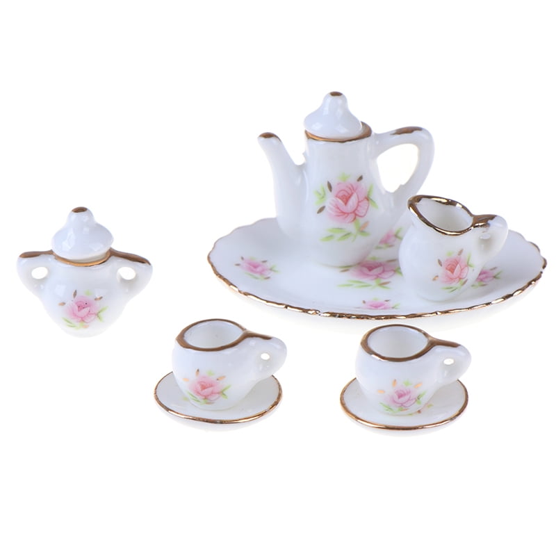 8PCS 1/24 Dollhouse Miniature Tea Set Porcelain Dish/Cup/Plate Blue White Patter 
