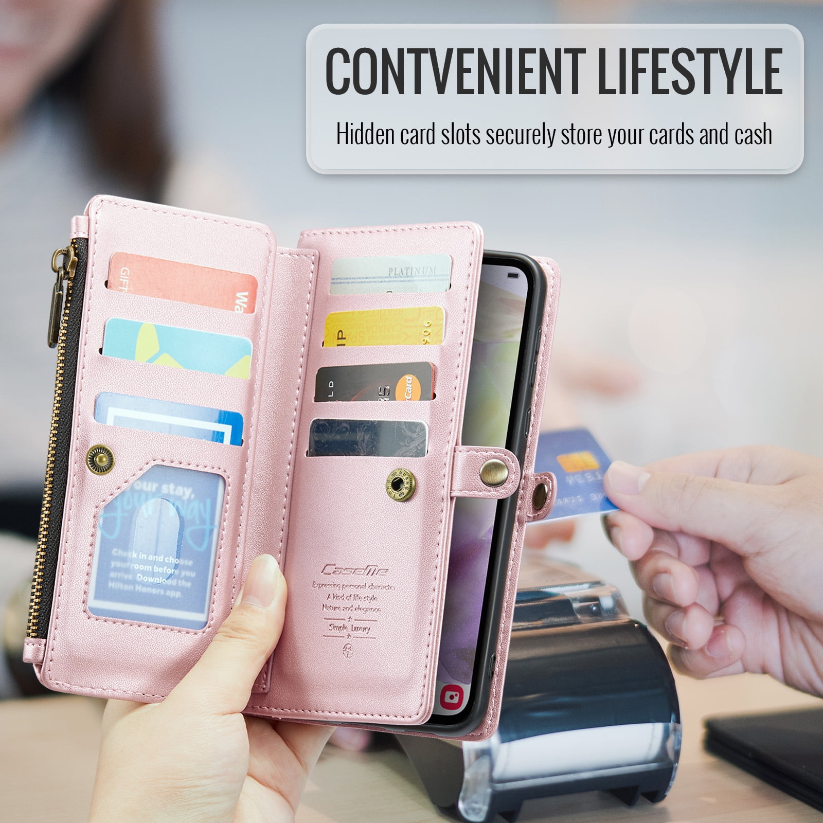 for Samsung Galaxy A14 5G Full Body Protection Wallet Folio Flip Case, Shoulder Strap & Wristlet Card Slots Zipper Pocket RFID Blocking Rugged Durable PU Leather Phone Case Cover, Pink