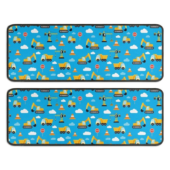 Excavator and Crane Blue Pattern Anti Fatigue Kitchen Rugs Set Of 2, Non Slip Washable Decorative Floor Mats for Sink Laundry and Home Use, 17"x47"