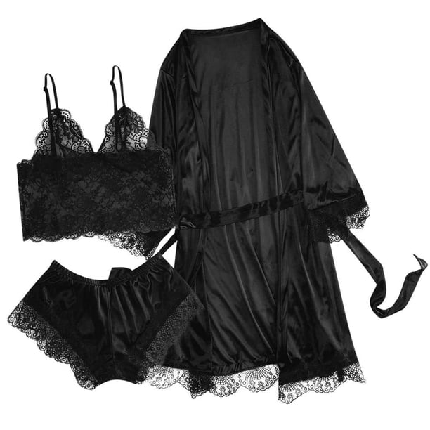 Ropa de dormir sexy para mujerconjunto de pijama con pantalón corto y top de encaje de seda (negro S) Tmvgtek Para estrenar