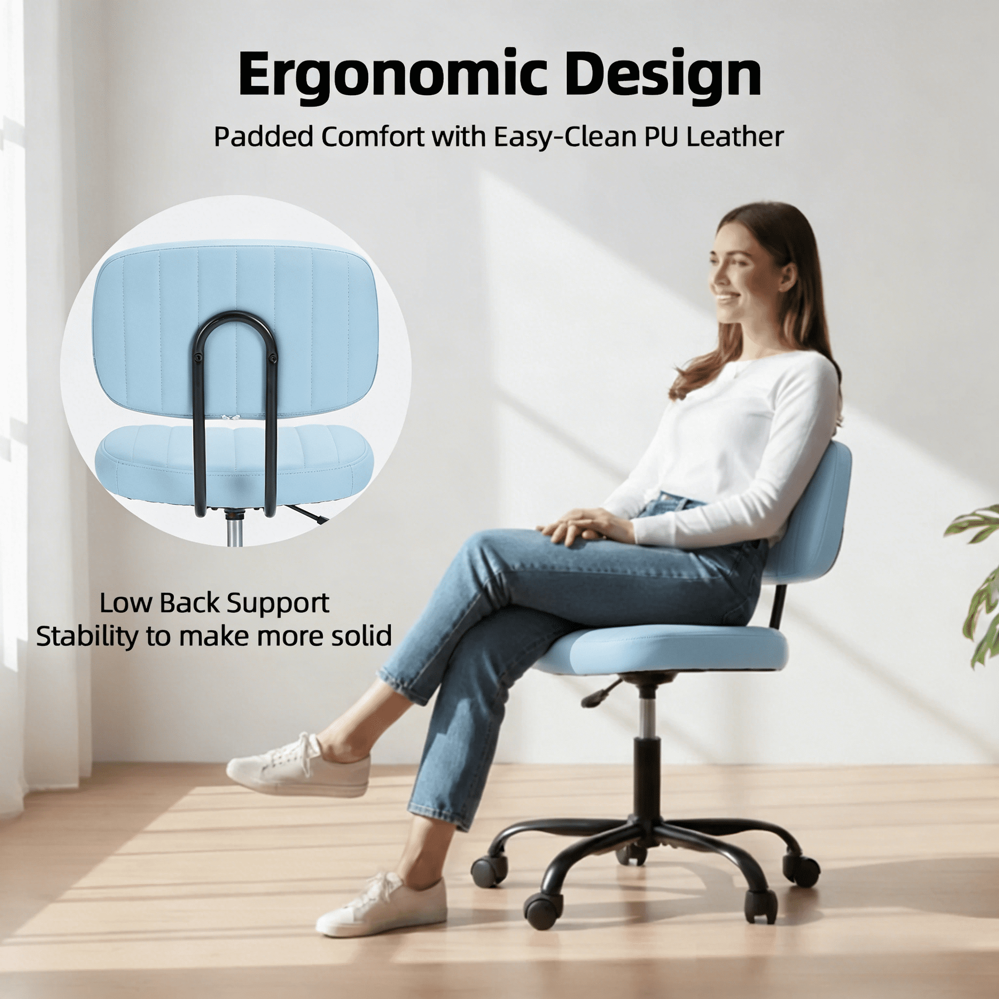 CONCETTA Ergonomic Home Office PU Leather Desk Chair, Small Space, Armless Rolling Chair for Adults, Blue