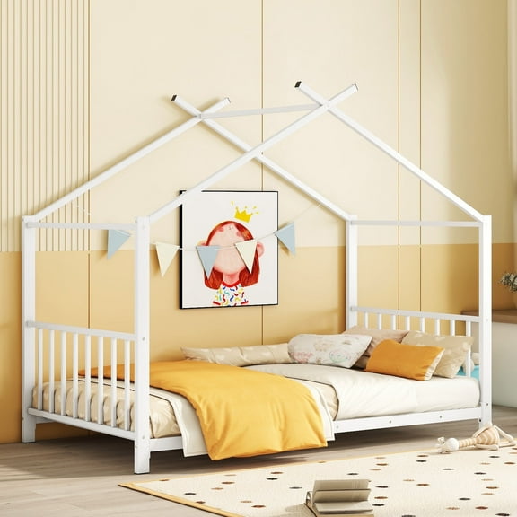 EUROCO Metal Twin Size House Bed, White