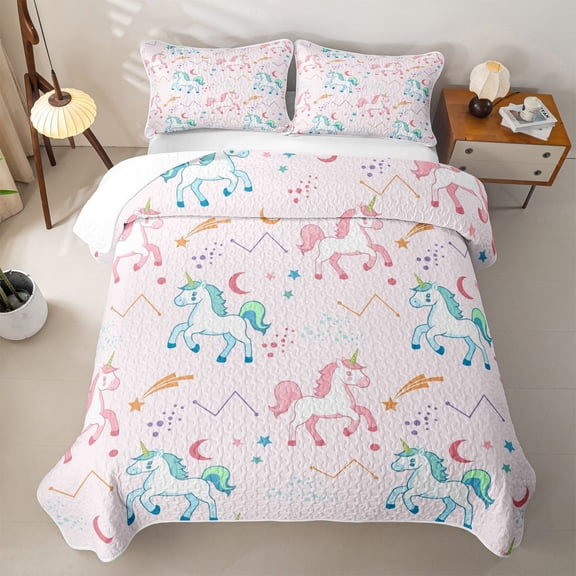 Erosebridal Cartoon Unicorn Twin Quilt Set for Girls, Constellation Star Moon Twin Coverlet Set, 2pcs