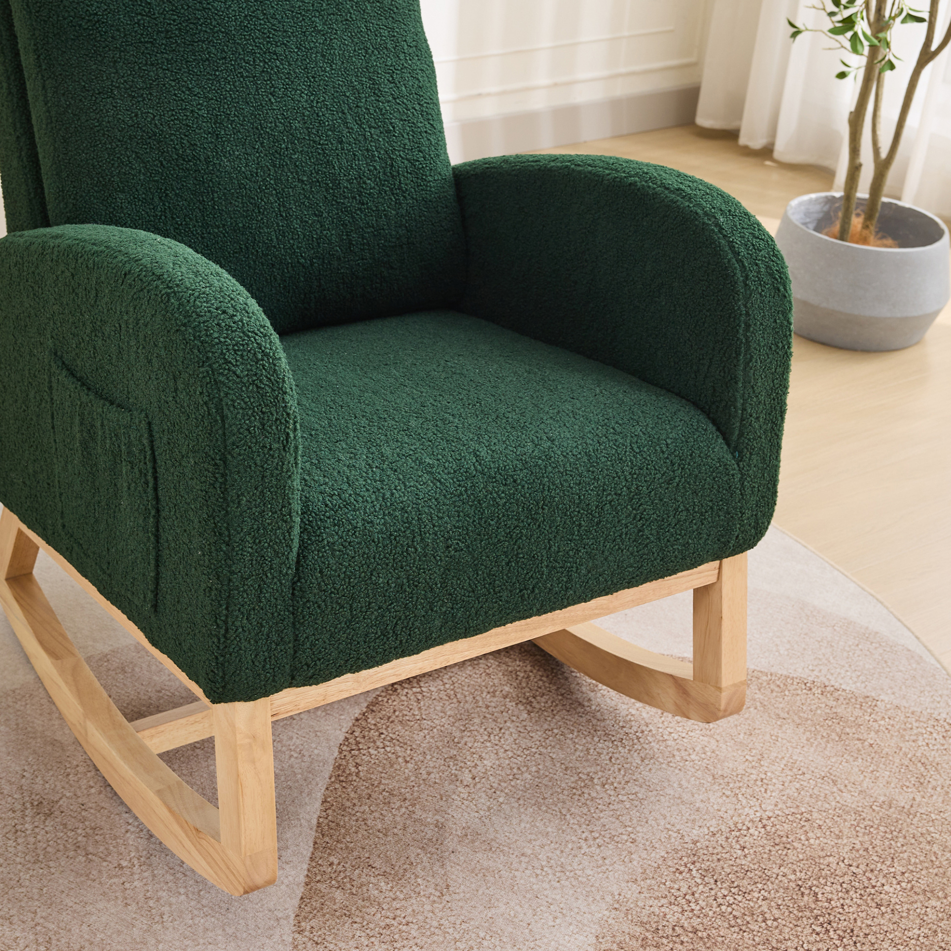 Nursery Rocking Chair with Sherpa Upholstery and Side Pockets, High Back Glider Armchair with Rubber Wood Legs for Bedroom or Living Room, Green