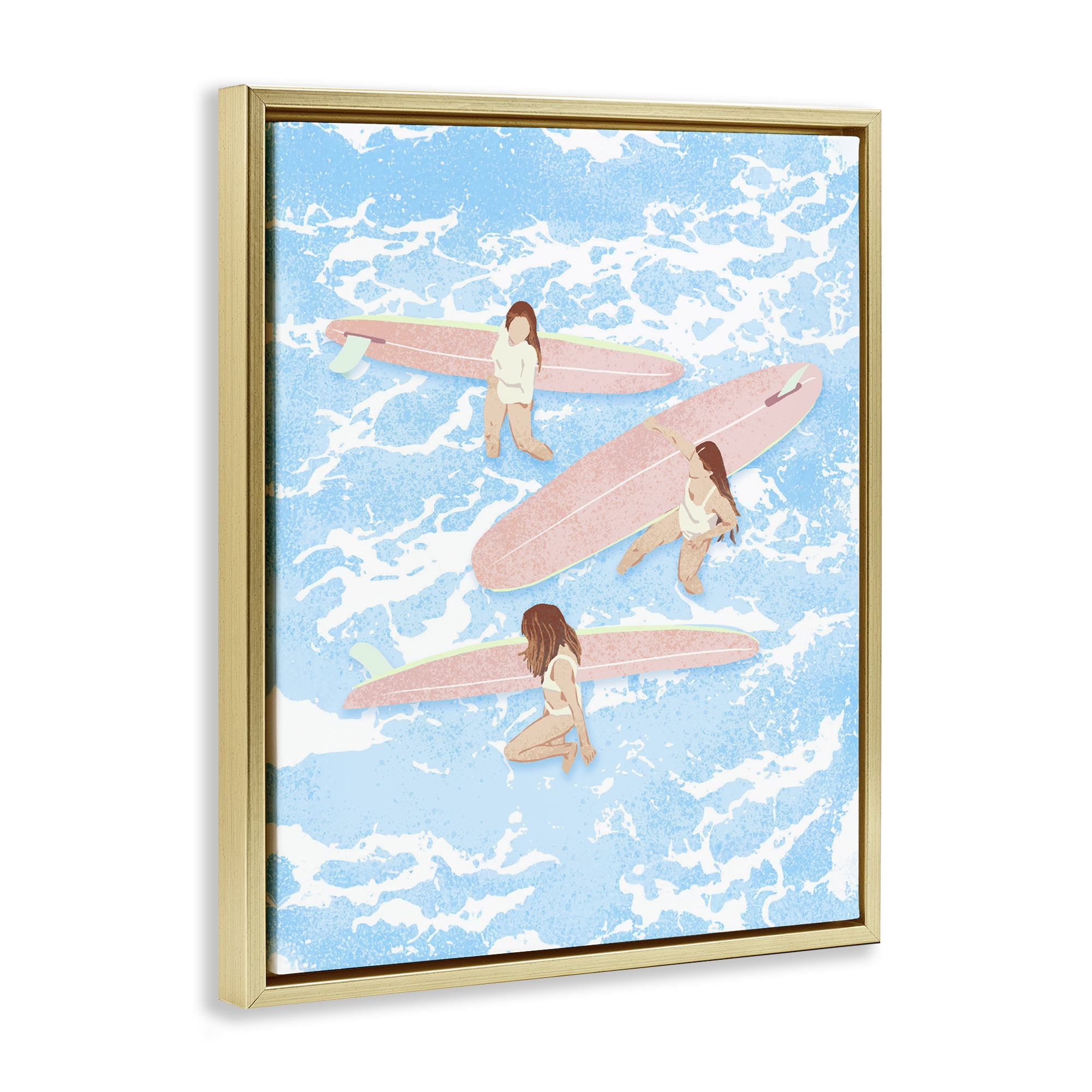 Surfing Girls Trio Gold Framed Floater Canvas Wall Art, design by Ziwei Li