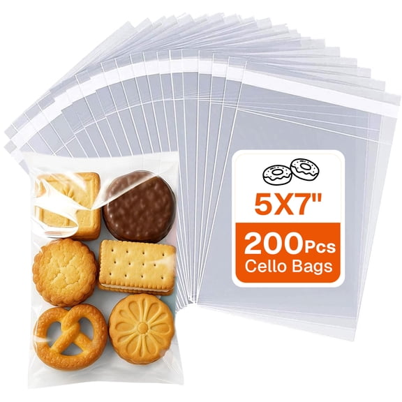 Behome 200Pcs Cookie Bags, 5x7" Clear Self Sealing Cellophane Bags, Resealable Treat Bags for Candy, Bread, Dessert, Party Favors, Bakery