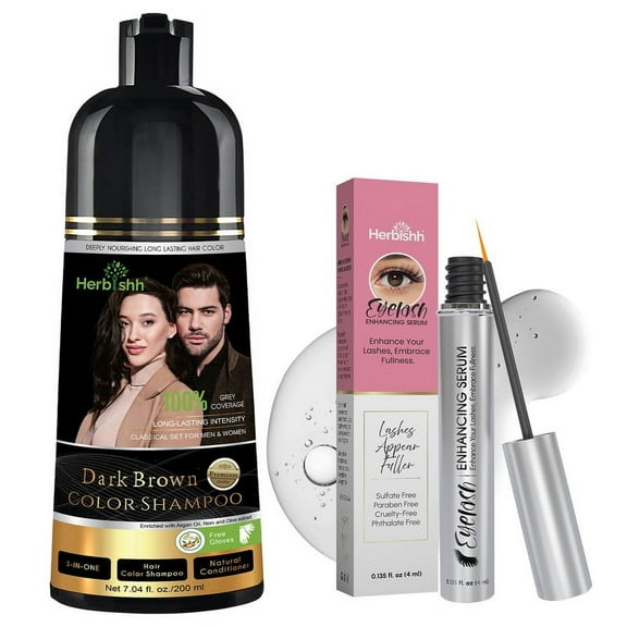 Herbishh Dark Brown Shampoo, Hair Dye Shampoo 3 in 1, 100% Grey Coverage, Demi-Permanent Hair Color for Men & Women, With Eyelash Enhancing Serum Combo