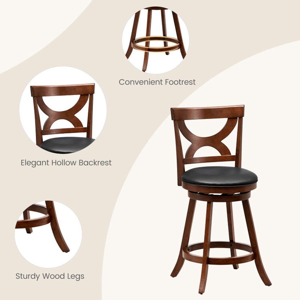 Demi Bonn 24" Set of 2 Swivel Bar Stools with Soft Cushion and Elegant Hollow Backrest, Modern Kitchen Dining Chair, Brown
