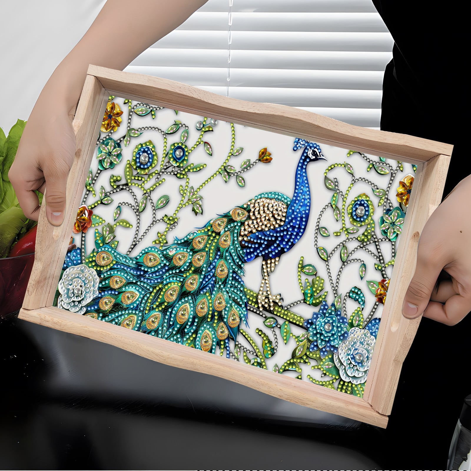 FLOPESN DIY Diamond Art Painting Handmade Wooden Tray,Creative Design Serving Dinner Plate for Coffee Living Room Home Organizer-Peafowl