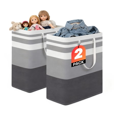 GARITIN Laundry Baskets 2 Pack, Freestanding Hampers for Laundry, Large Collapsible Dirty Clothes Basket with Handles in Laundry Room, College Dorm, Bathroom, Bedroom, Grey