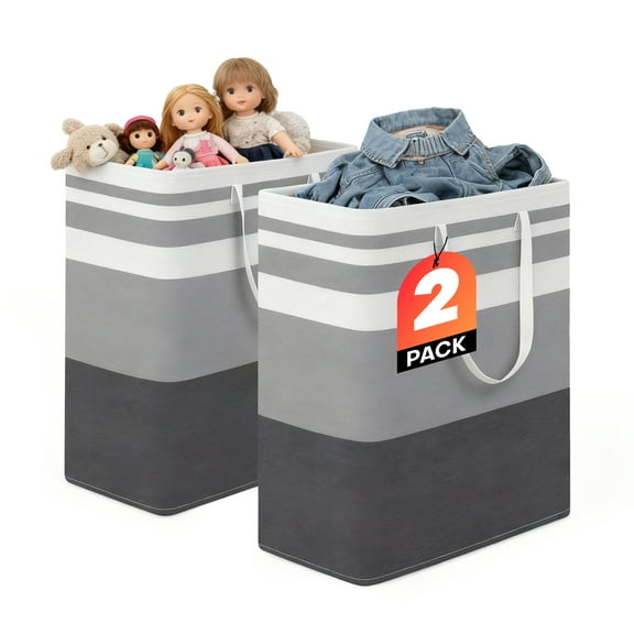 GARITIN Laundry Baskets 2 Pack, Freestanding Hampers for Laundry, Large Collapsible Dirty Clothes Basket with Handles in Laundry Room, College Dorm, Bathroom, Bedroom, Grey