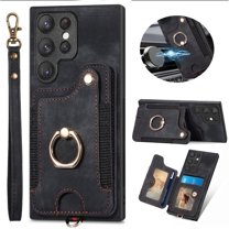 ELEHOLD for Samsung Galaxy S22 Ultra Case with Ring Holder, Wallet Case with RFID Blocking Card Holder Wristlet Strap, Magnetic Button Flip Folio Kickstand Shockproof Phone Cover,Black