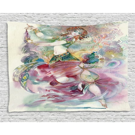 Watercolor Tapestry, Oriental Dance Theme Young Girl Performing in Traditional Costume Fantasy Figure, Wall Hanging for Bedroom Living Room Dorm Decor, 60W X 40L Inches, Multicolor, by Ambesonne