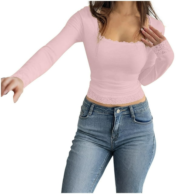 cfhntfmh Longues Chemises à Manches pour Femmes Crop Tops Vêtements de Base Automne Mode Col Carré Tenues Slim