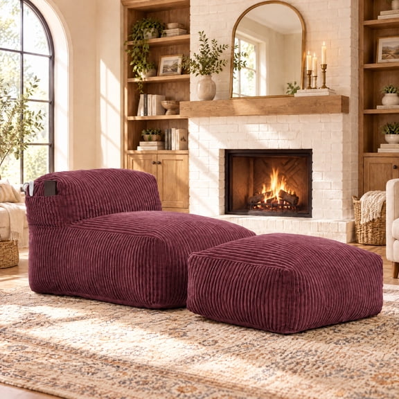 Peispie Big Bean Bag Chair for Adults with Ottoman, Memory Foam Filled Corduroy Lounger Sofa, Comfy Ergonomic Lazy Sofa for Living Room, Bedroom & Balcony, Wine Red