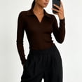 thumbnail image 2 of AcaicsNo Boundaries Women's Long Sleeve Knit Top, Slim Fit Ribbed V Neck Polo Collar Solid Casual Sweater, 2 of 6