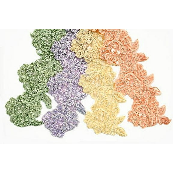 Altotux 3.5" Peach, Yellow, Sage, Lilac Corded Embroidered Pearl Beaded Sequins Floral Lace Trim