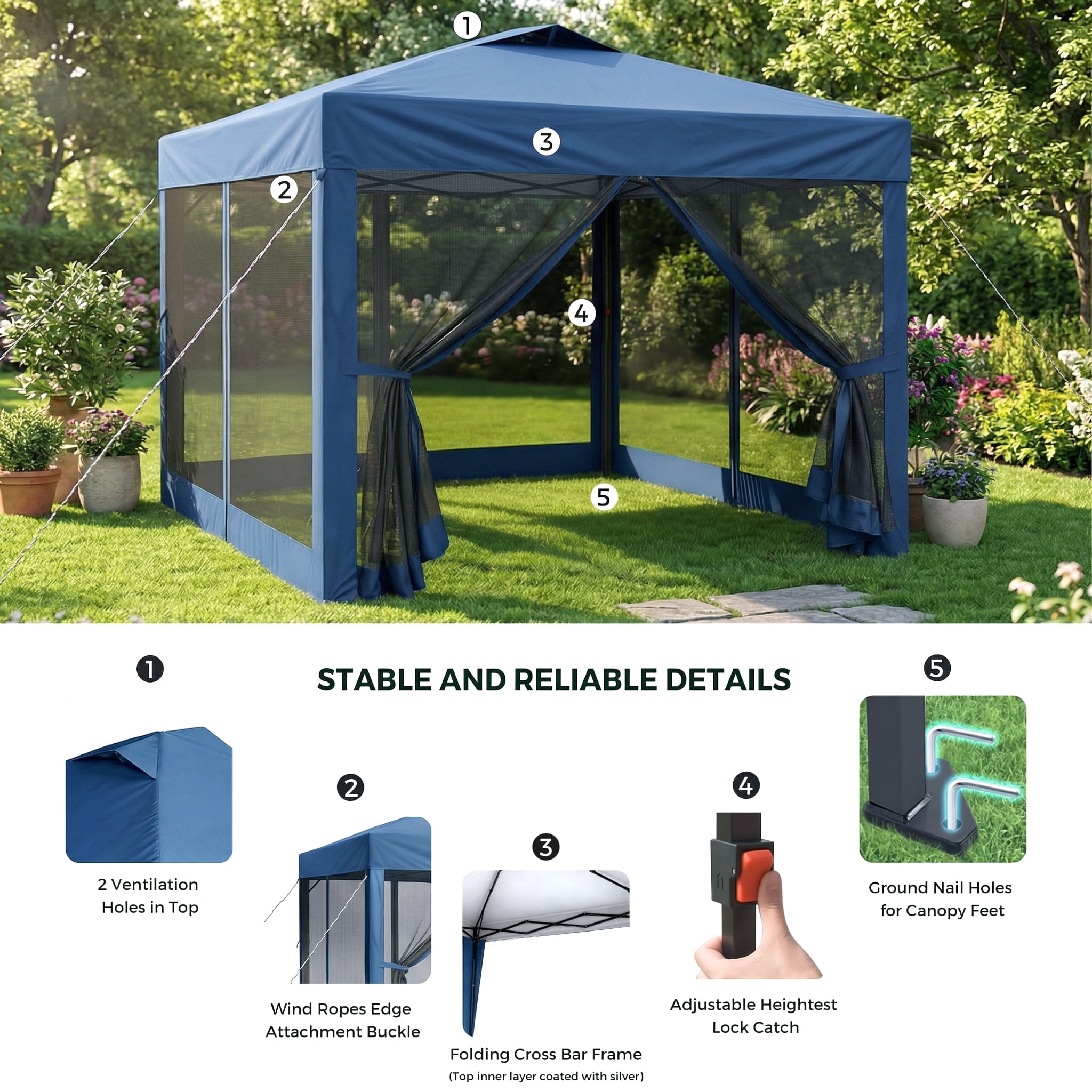 Advwin 10x10 Pop Up Canopy Tent with Netting, Instant Folding Outdoor Gazebo with Wheeled Carry Bag, 3 Adjustable Heights, 4 Sandbags & 4 Ropes, Portable Canopy Shelter for Patio, Backyard, Camping,