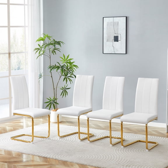 4-Pack White PU Upholstered Dining Chairs - Modern High-Back Side Chairs with Luxury Gold-Plated Iron Tube Legs for Dining Room, Kitchen & Living Room